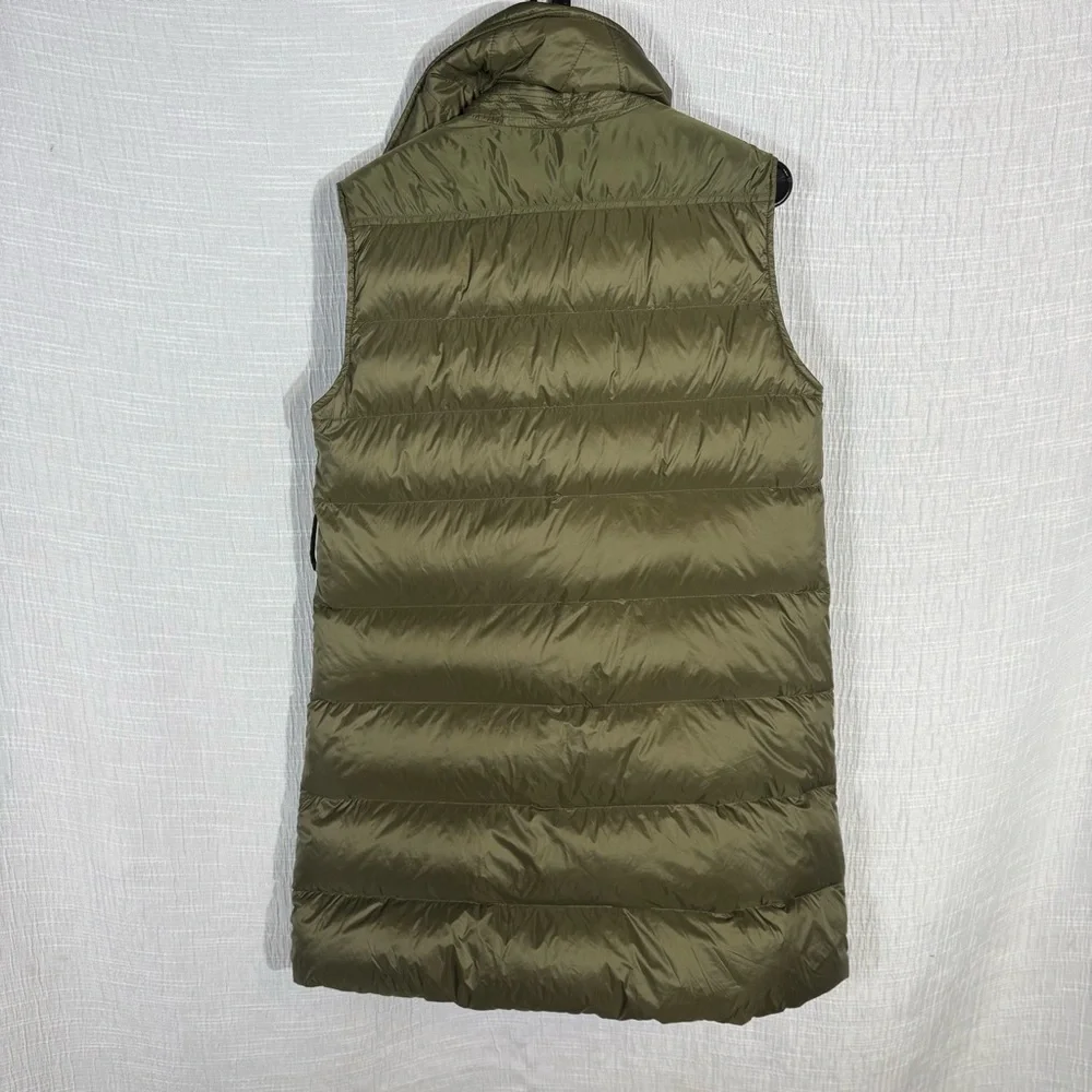 Olive Green Down-Filled Long Puffer Vest Size 2 |‎ Asymmetrical Zip Quilted Vest - Picture 4 of 15